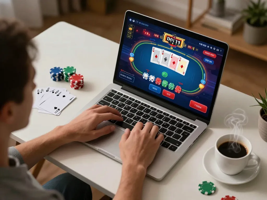 MB66 player engaging in an online poker game on laptop, highlighting cozy home gaming setup and strategy.