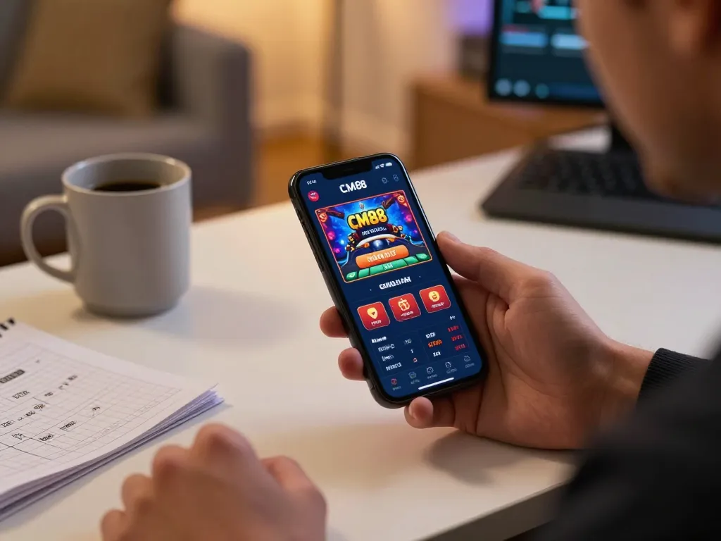 Engaging smartphone gameplay on CM88 app showcasing vibrant graphics and strategy notes in a cozy setting