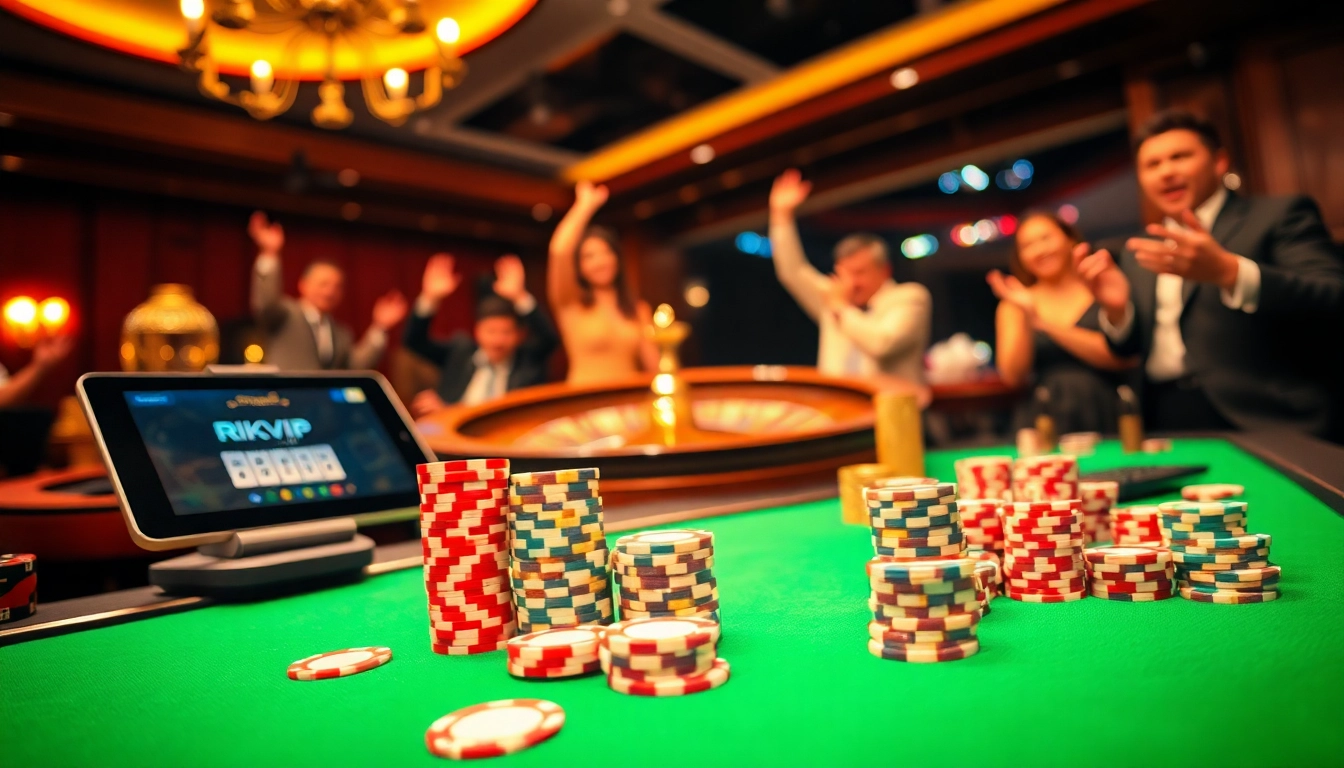 Enjoy the thrilling atmosphere of Rikvip as players engage at the poker table, showcasing excitement and winning potential.