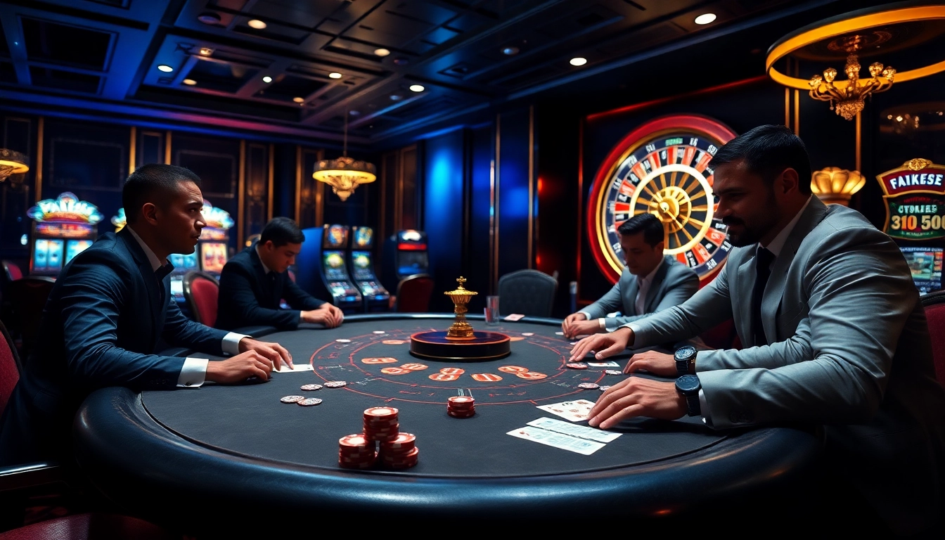 Exciting poker game at FIVE88 casino with professional players and vibrant atmosphere.