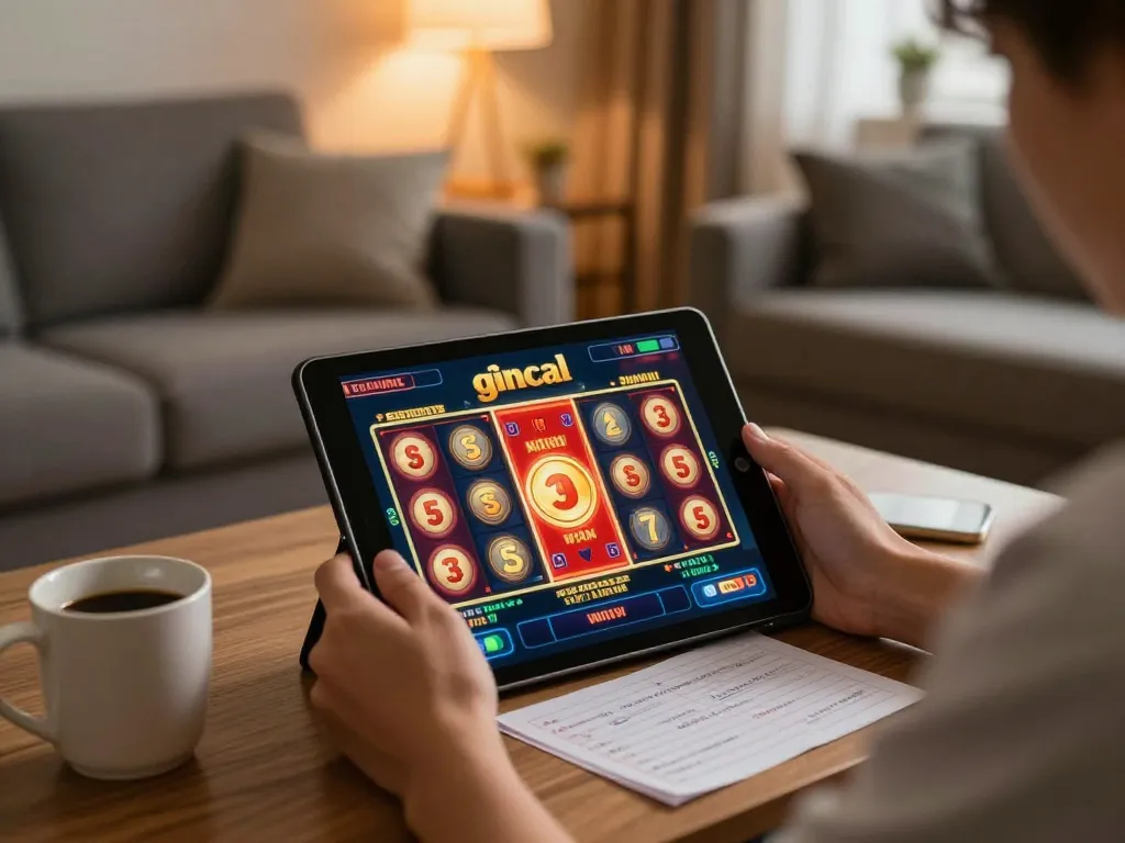 Gincal user celebrating a win on online slot machine in a cozy living room setting