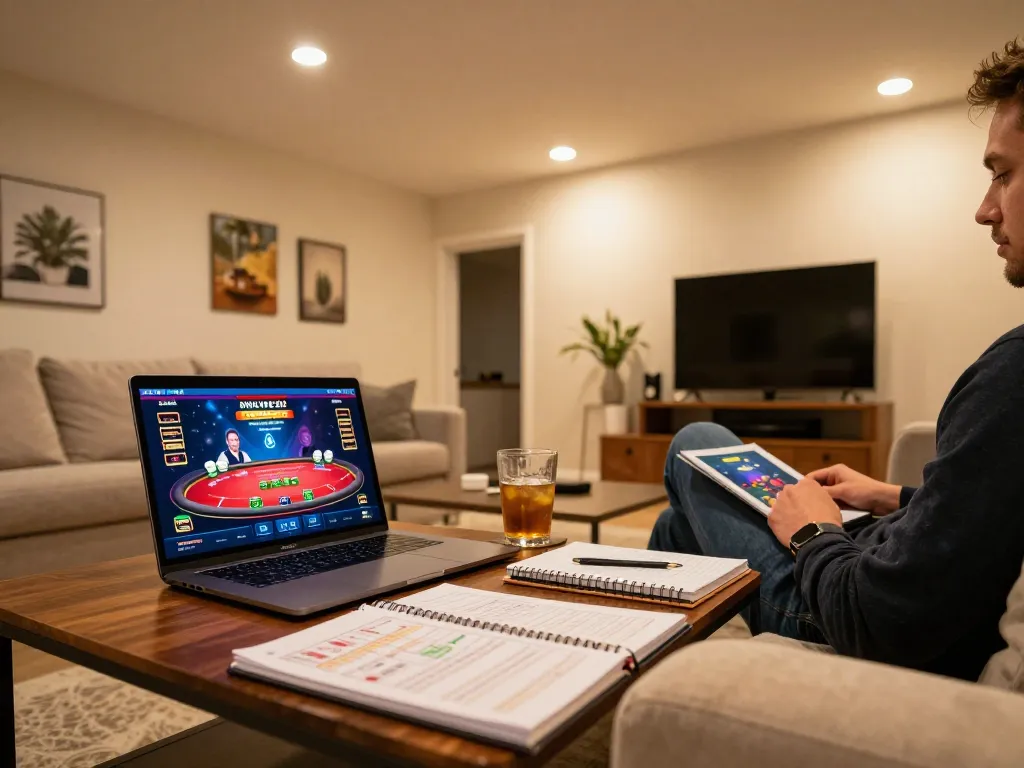 Player engaging in online poker on open 88 platform in comfortable home setting