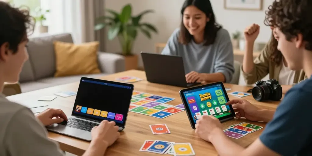 Excited player engaging with the Rumble Rummy app, showcasing game cards and cheerful environment.