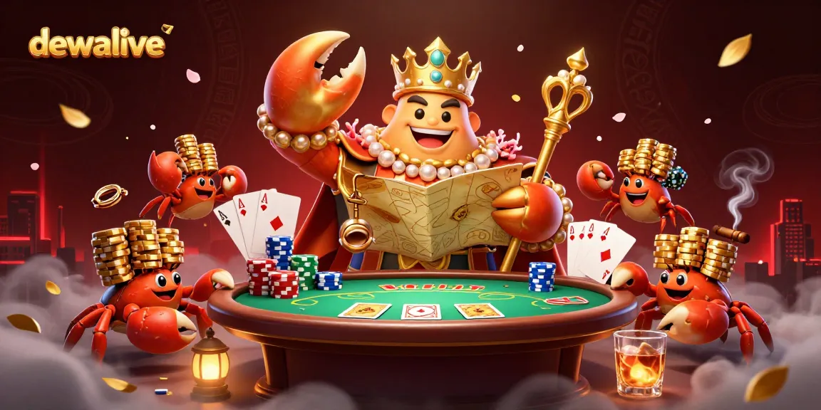 Menangkan di Dewalive dengan ilustrasi 3D yang menunjukkan kepiting emas dan elemen permainan kartu.