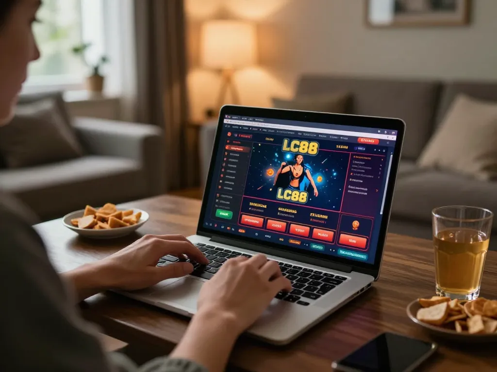 Engaging with LC88 online casino on a laptop in a cozy home setting.