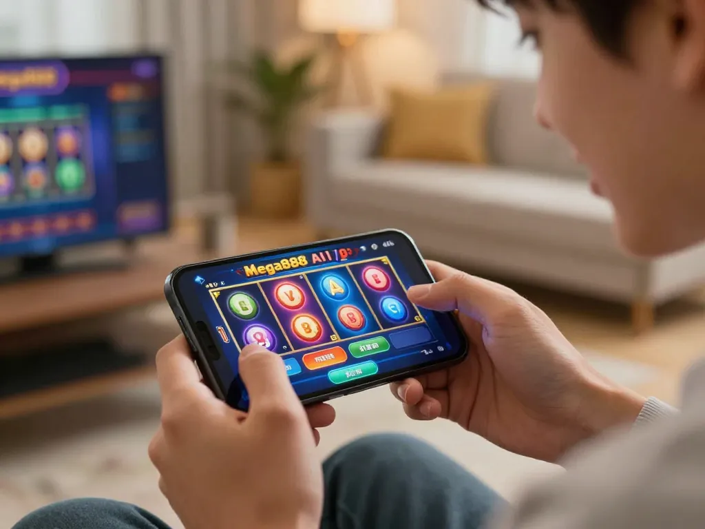 Mega888 AI gaming excitement as a player interacts with mobile app showcasing vibrant slot visuals.