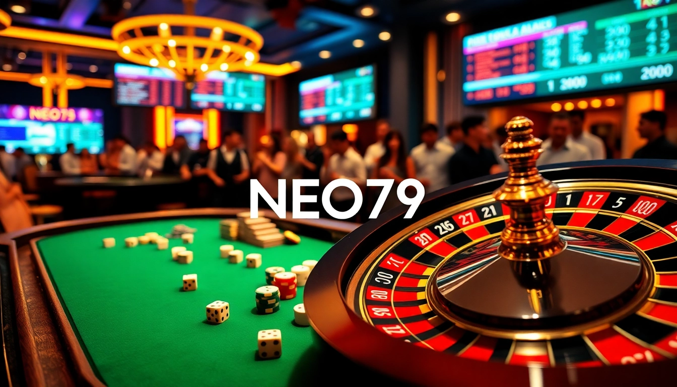 Exciting casino gaming scene featuring NEO79 elements with poker chips and roulette wheel.