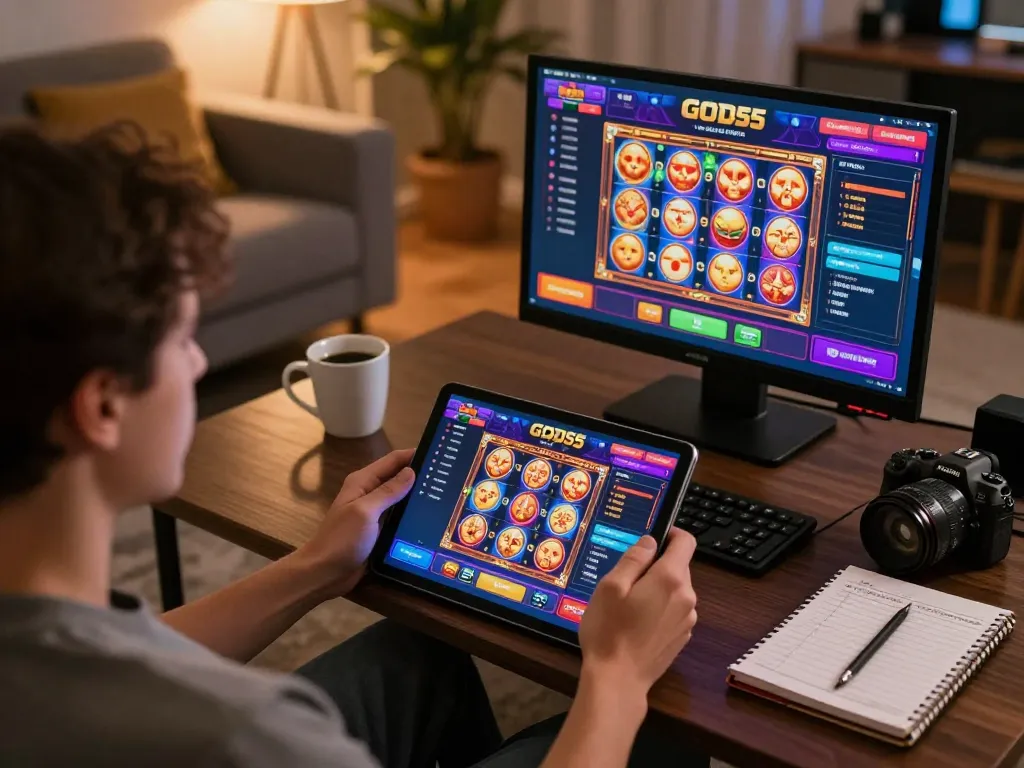 Engaging in online gaming at home using God55 app on tablet, showcasing immersive gameplay experience.