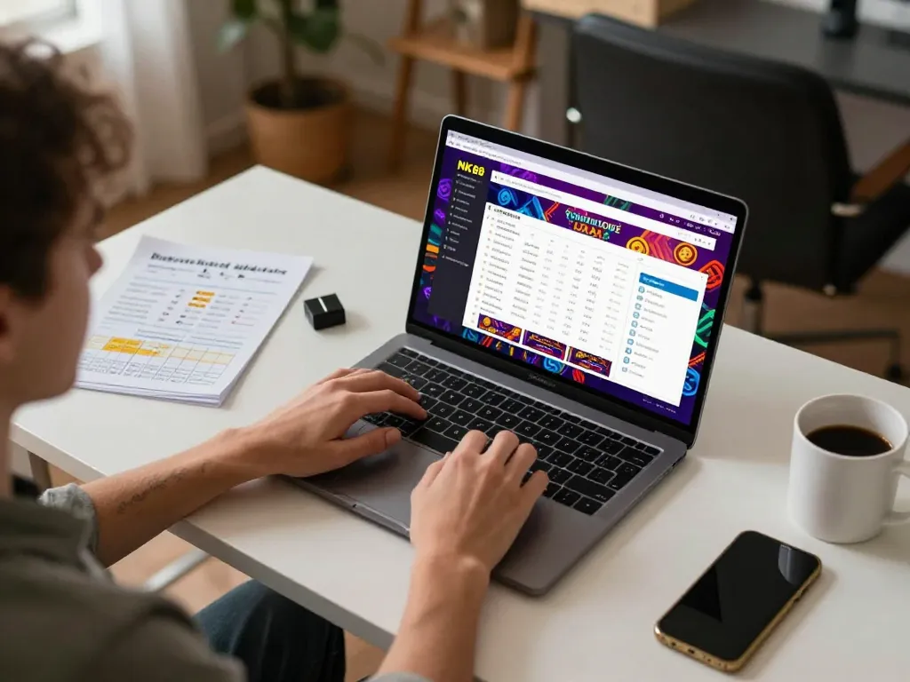 Player enjoying NK88 online casino experience on laptop in a cozy home setting.
