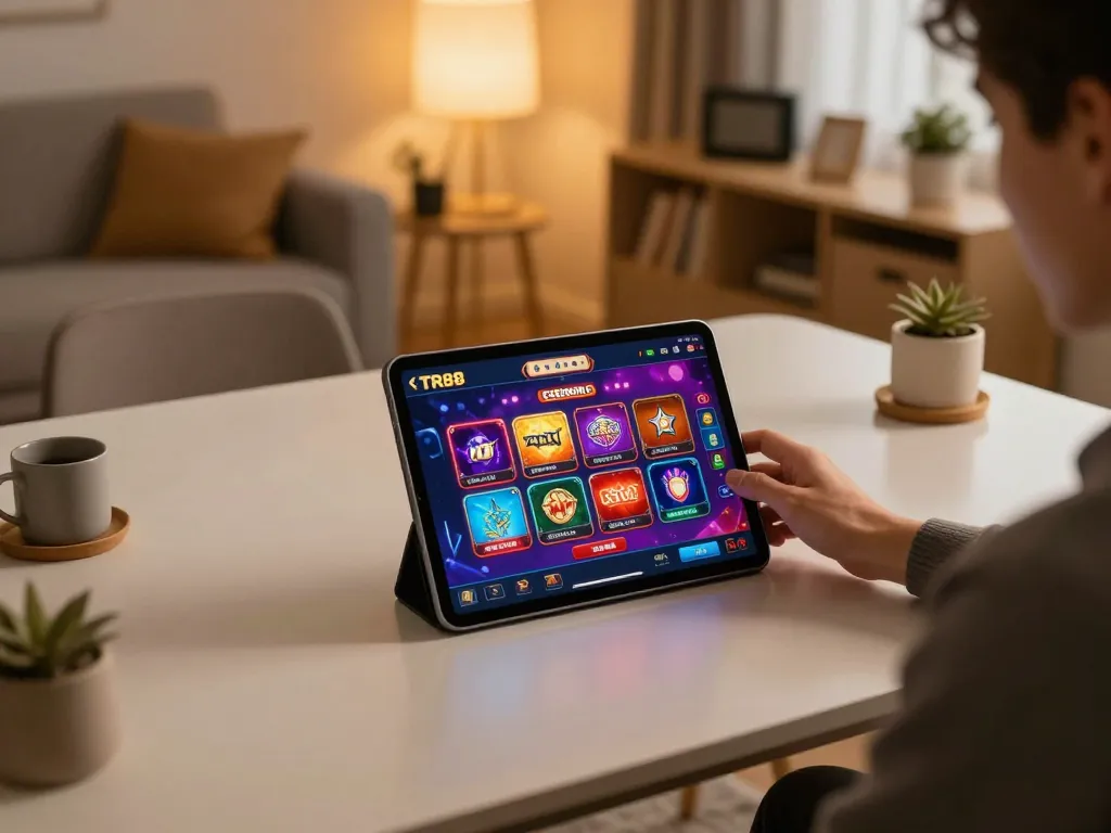 Person playing TR88 online casino game on tablet, modern home office setup, engaging and strategic atmosphere.