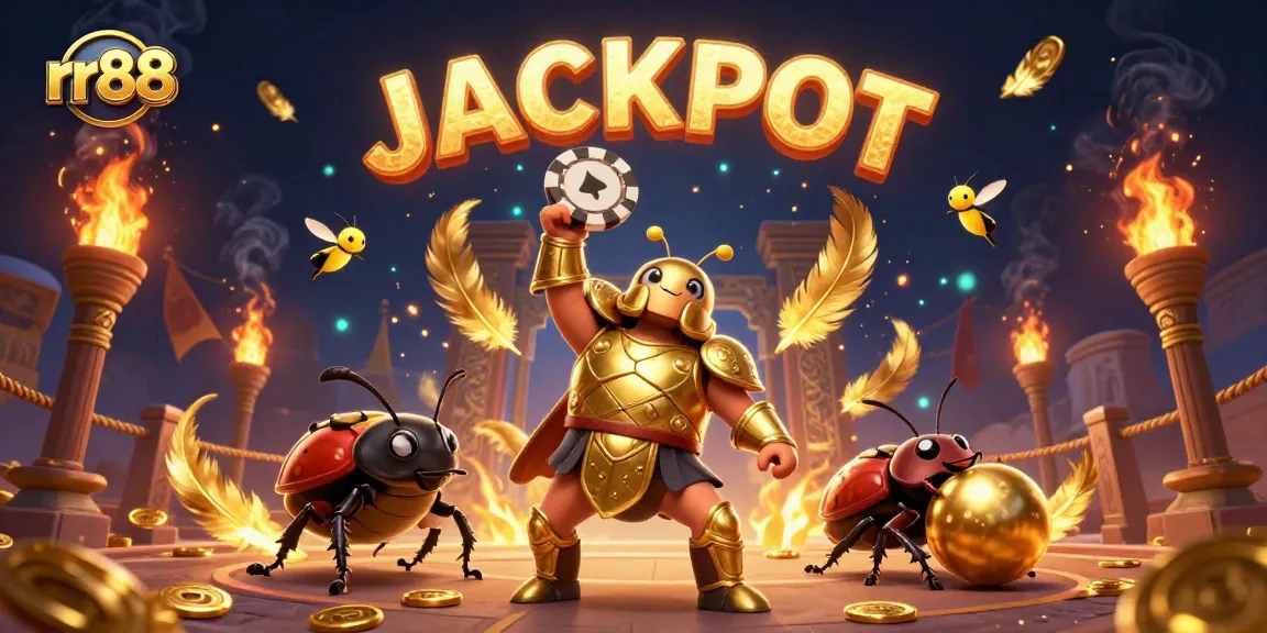 rr88 showcases an epic jackpot scene with a heroic beetle in golden armor, celebrating victory amidst casino elements