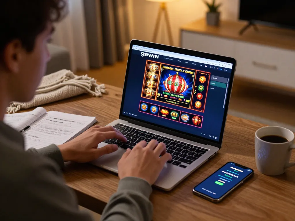 The 98WIN online gaming experience showcases a focused player engaging with live dealer games and slots, emphasizing strategic gameplay and responsibility.