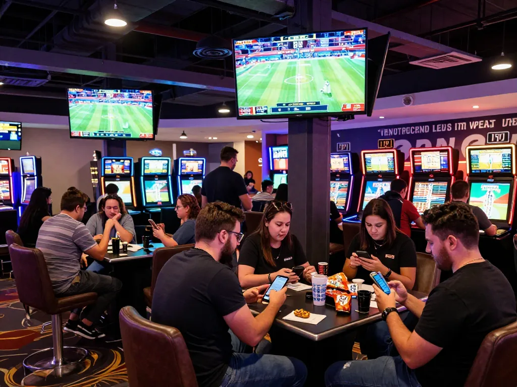 Engaged sports bettors analyzing odds at nhà cái goal123, showcasing a lively atmosphere of strategic betting.