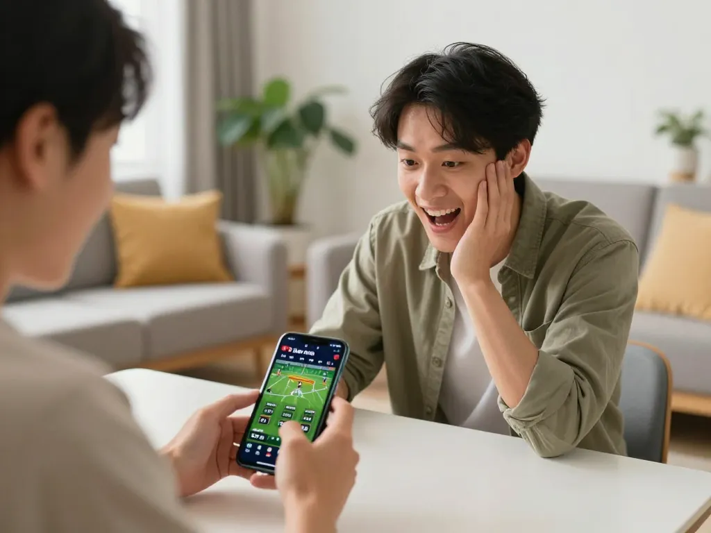Liên minh okwin player excitedly uses smartphone for online sports betting at home, showcasing strategic gameplay.