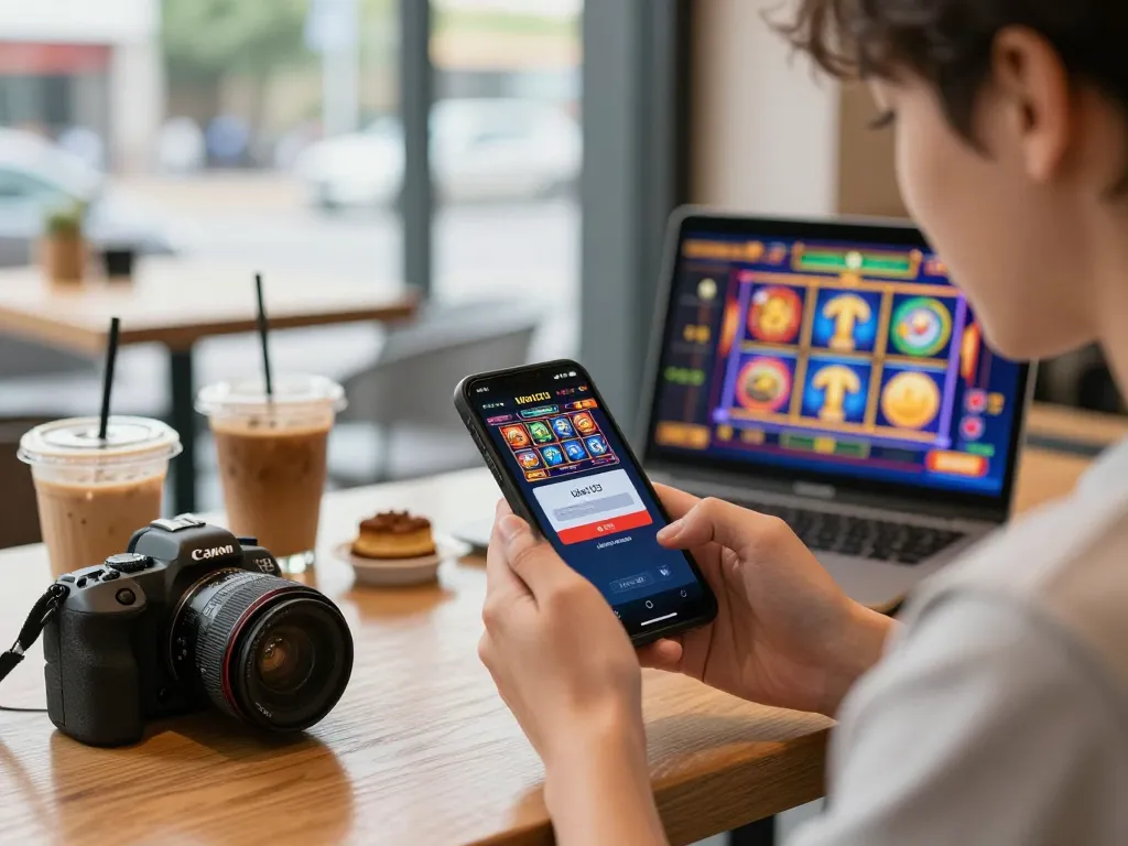 Layar login Ulat123 yang menarik ditampilkan di smartphone untuk penggemar permainan online di kafe yang nyaman.