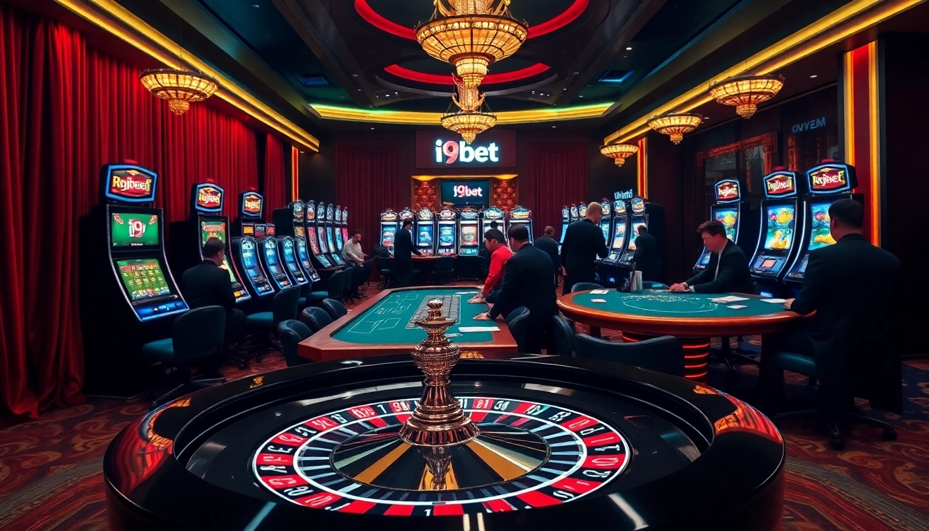 i9bet gamblers enjoying high-stakes action at an opulent casino table setting.