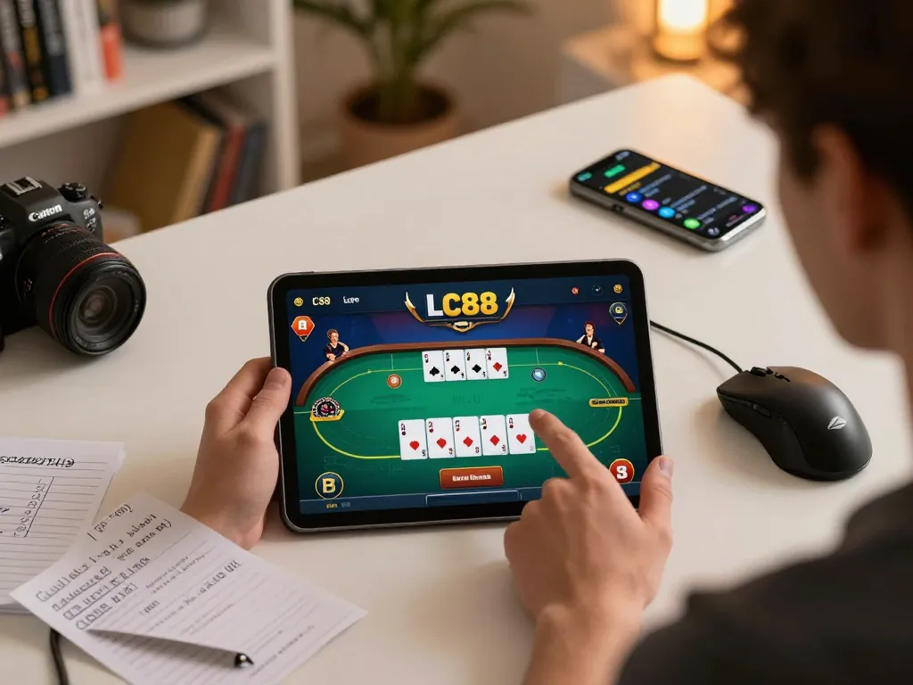 Player engaged with LC88 casino app showing poker strategy in a cozy home setting.