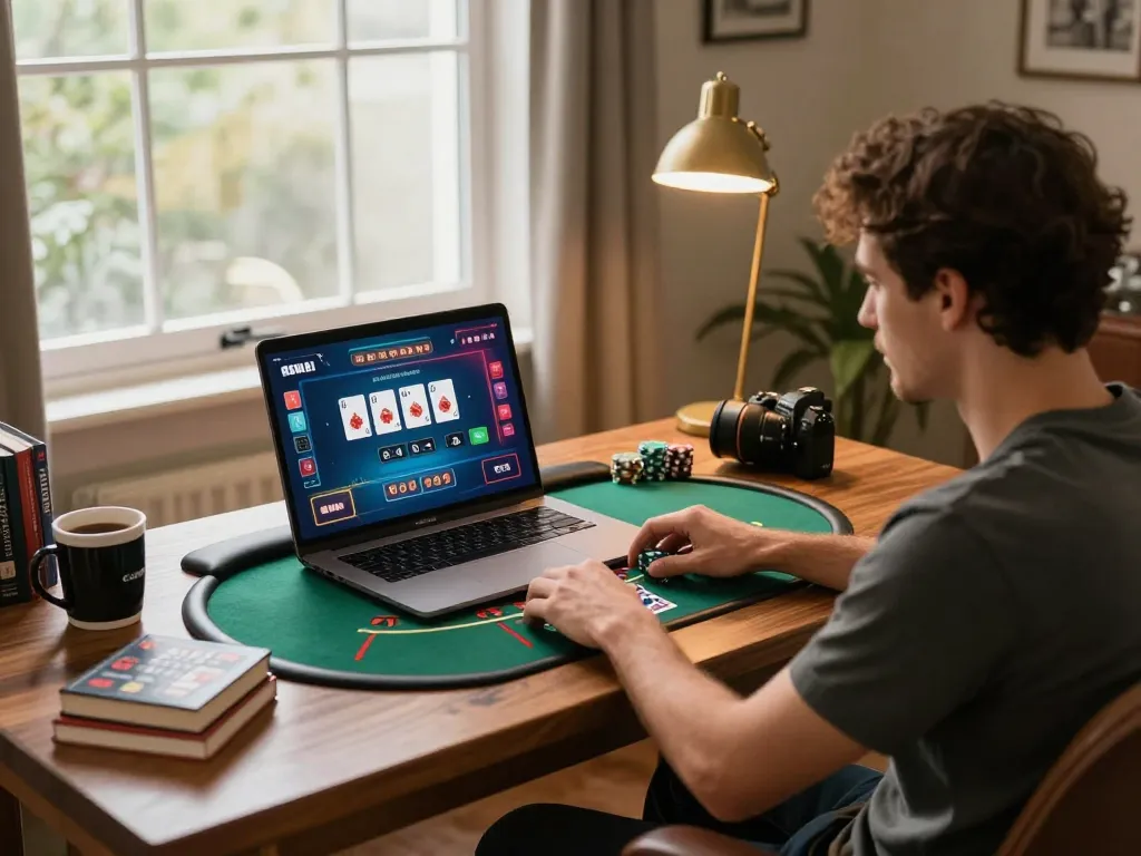 Player engaging with megahoki88 online blackjack game at home, cozy atmosphere with strategy notes
