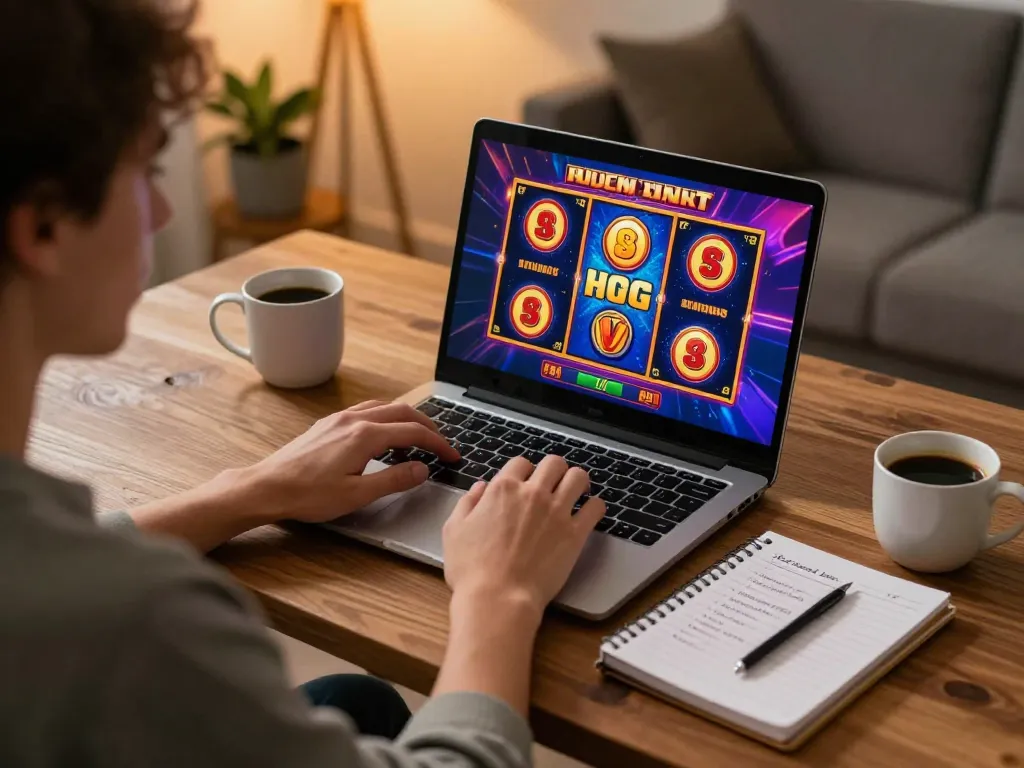 Engaging in online slot depo 5k gameplay with colorful graphics in a cozy atmosphere.