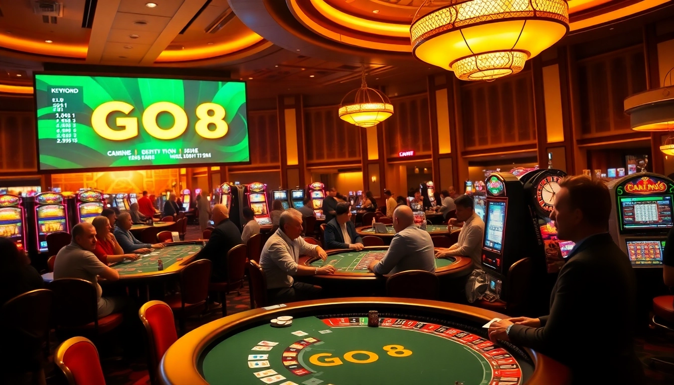 Players enjoying exhilarating games at a GO8-themed casino, showcasing excitement and luxury.