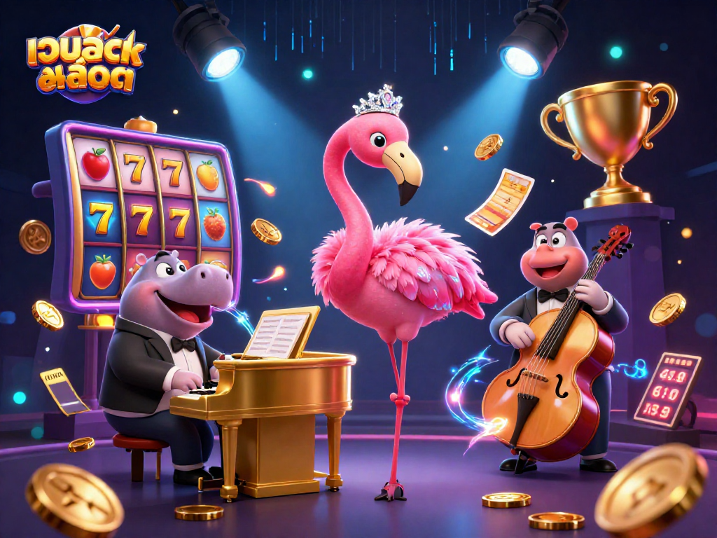 Engage in เว็บสล็อต entertainment with dynamic slot reels and lively cartoon characters in a vibrant casino illustration.