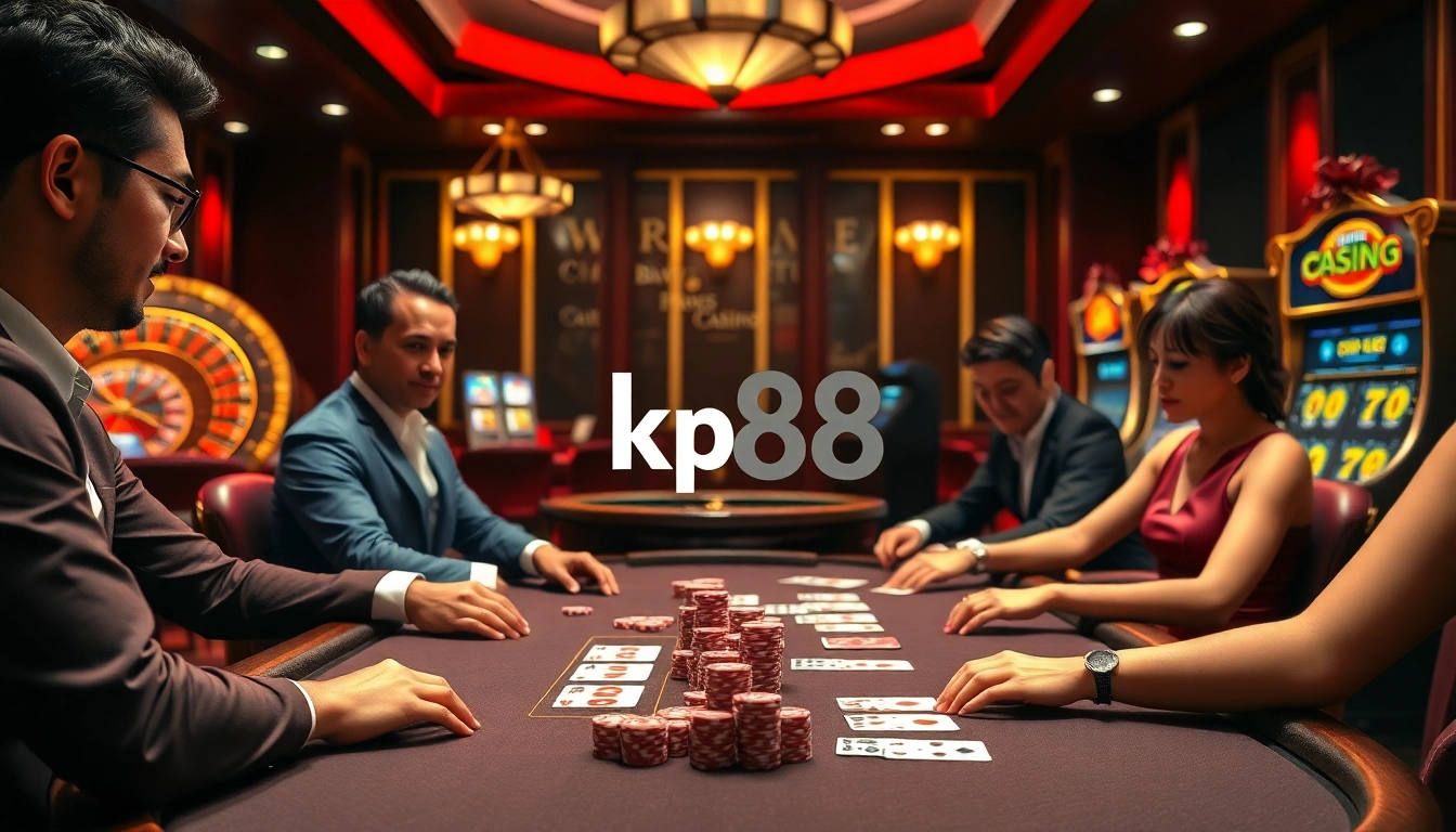 Engaged players at a kp88 poker table enjoying a high-stakes game in a luxurious casino setting.