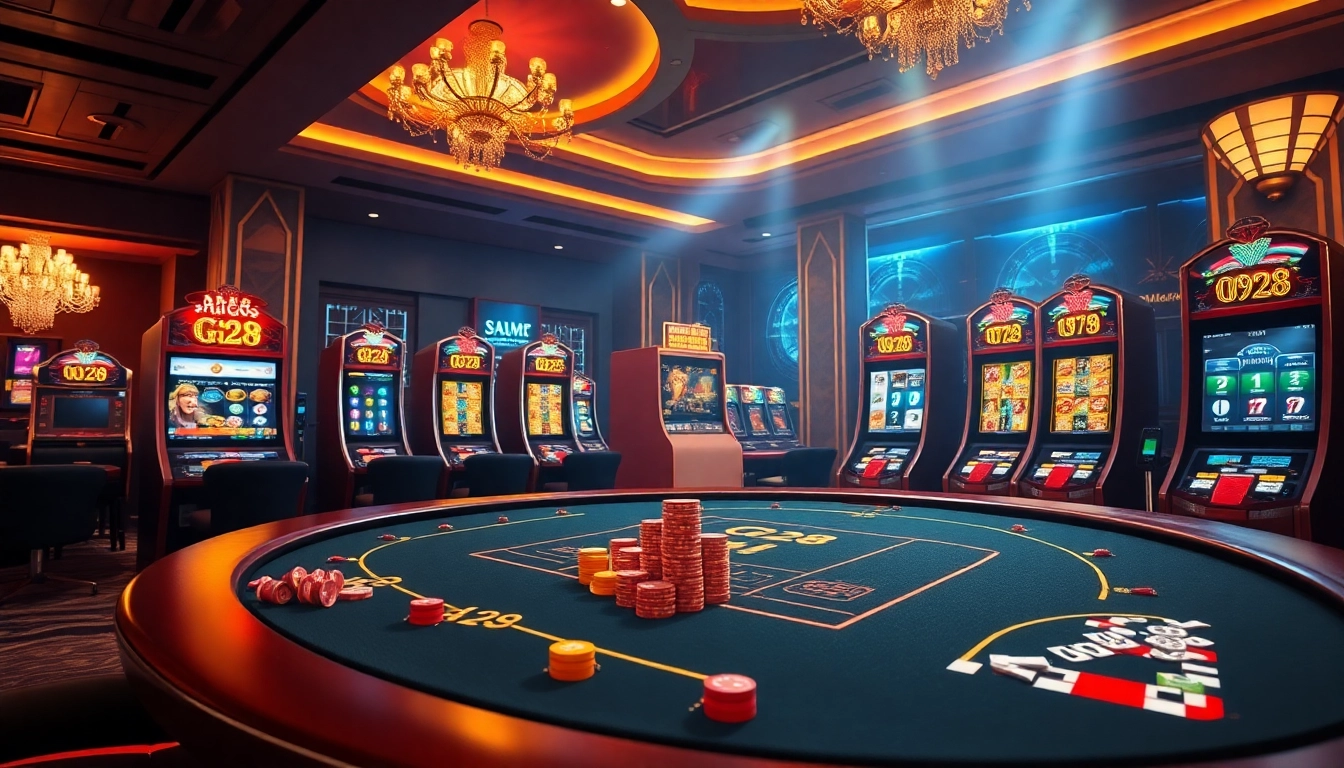 Gamblers enjoying a thrilling game with Nhà cái G28 online betting interface in a vibrant casino setting.