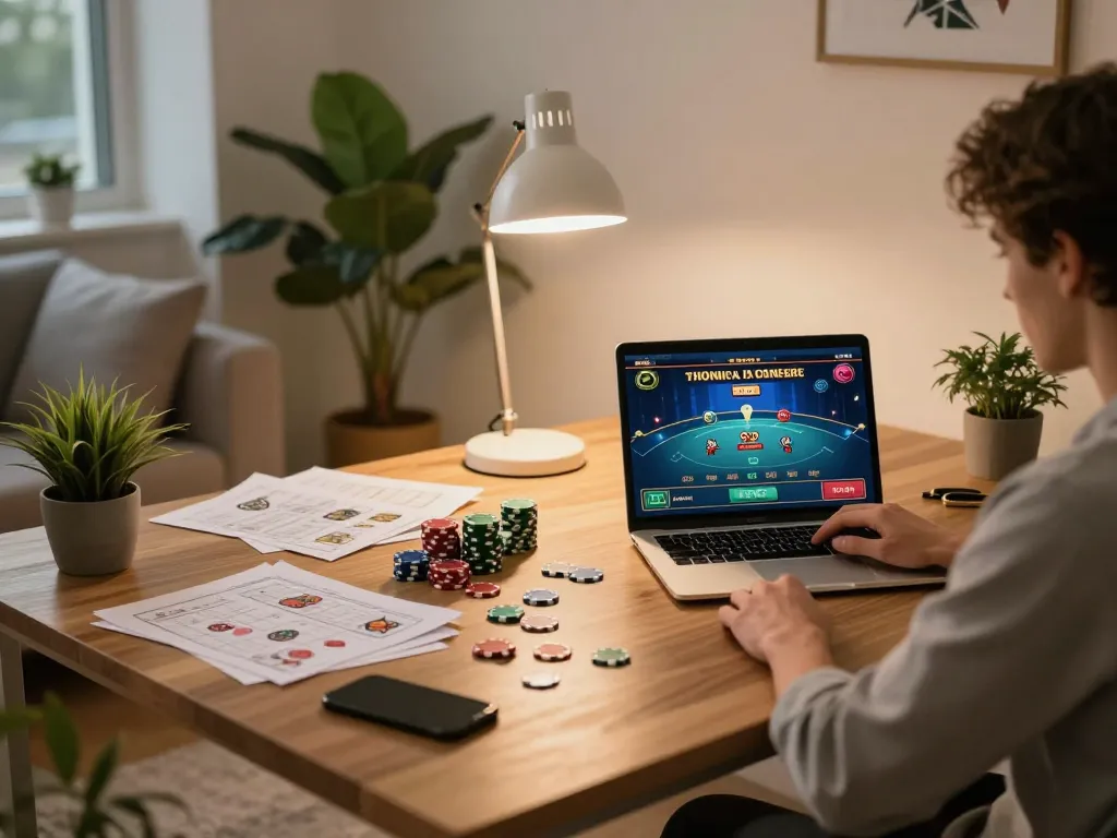 Player engaging in lode88 online gaming on a modern laptop surrounded by strategy notes and poker chips.