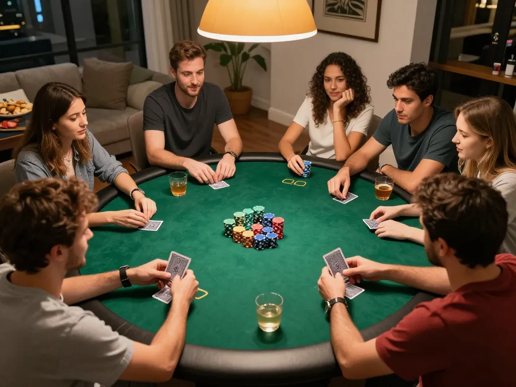 Engaged players at a home poker night showcasing excitement and strategy at trang chủ uu88.