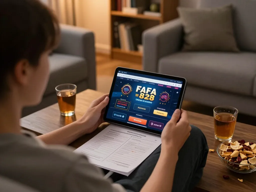 Player using FAFA 828 tablet for strategic online gambling in a cozy home setting.
