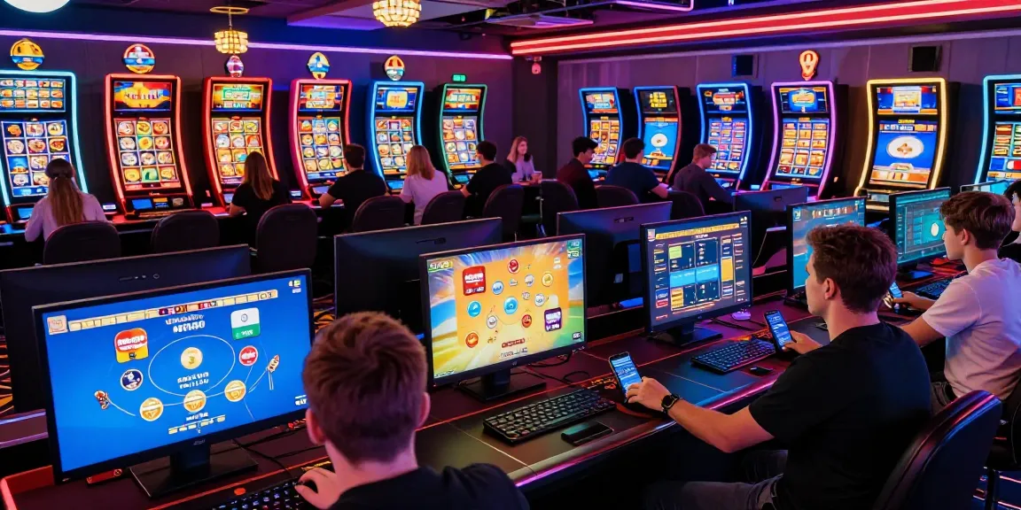 Vibrant gaming scene illustrating credit card casinos UK with players at PCs and mobile devices.