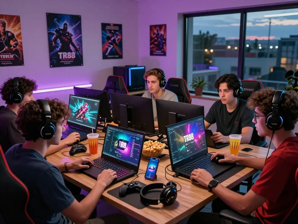Group of friends gaming on TR88 platform with laptops and smartphones, lively atmosphere in modern setup.