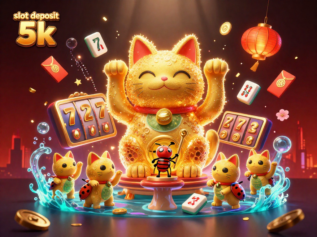 Engage in slot deposit 5k with a lucky cat and vibrant casino elements in this colorful 3D illustration.