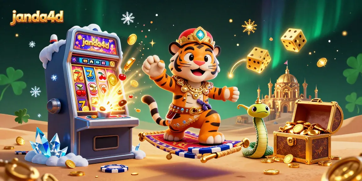 Gambarkan kemenangan besar di janda4d dengan sultan dan genie di mesin slot yang meriah.
