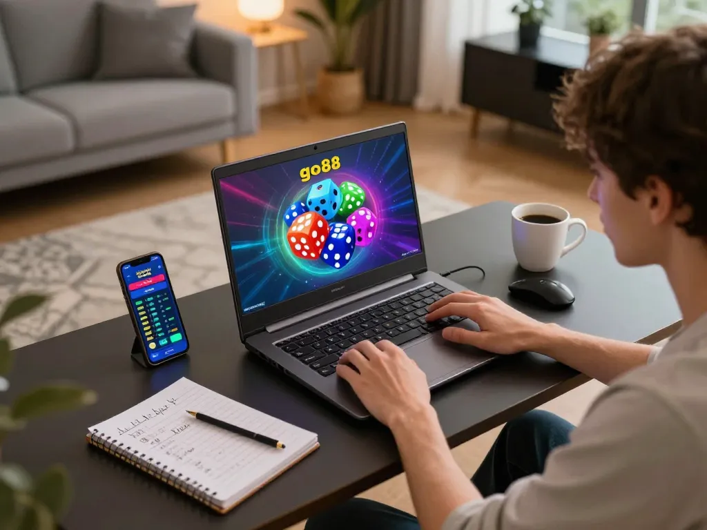 Engaging in go88 tài xỉu gameplay on a laptop, showcasing a modern gaming setup with strategic notes nearby
