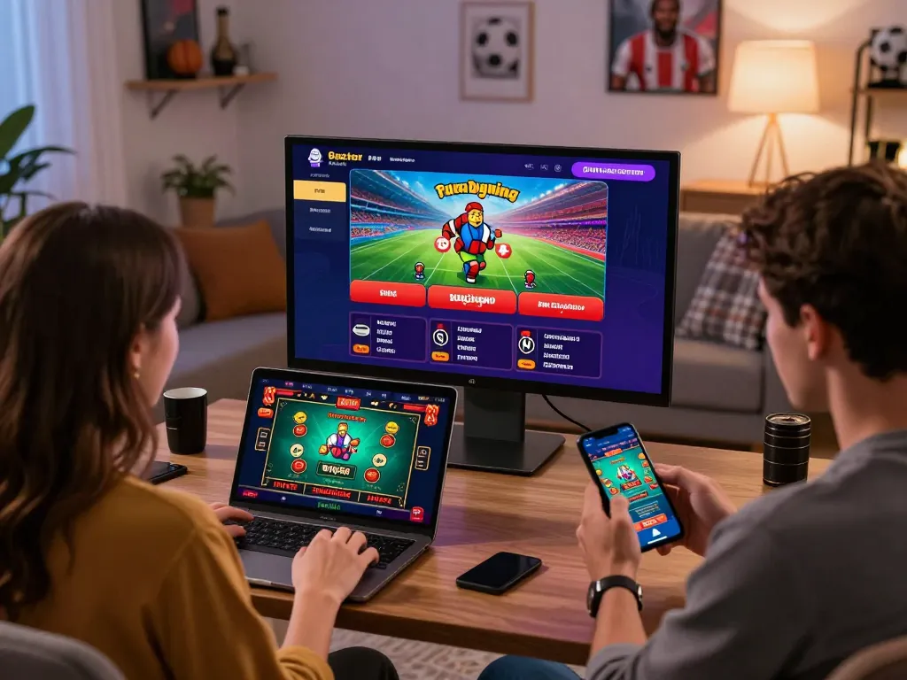 Engaging online players using the 88aa đăng nhập platform in a modern living room setting, filled with excitement and vibrant game graphics.