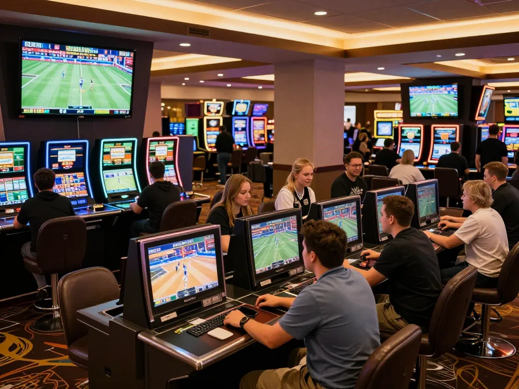 Tỷ lệ kèo nhà cái hôm nay displayed in a vibrant sports betting lounge with enthusiastic bettors.