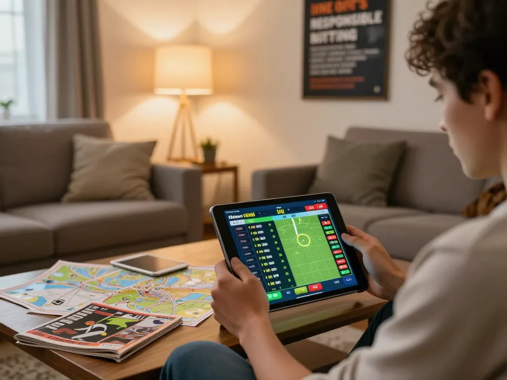 Nyalabet user placing sports bets on tablet in cozy home setting with live betting display.
