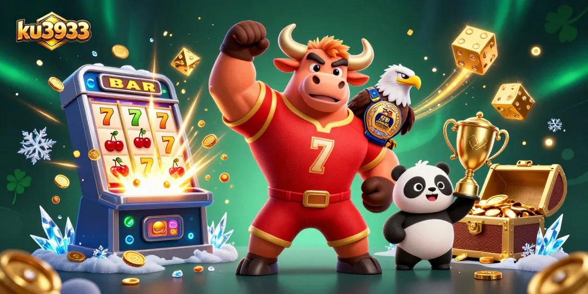 ku3933 celebrates a jackpot win with a bull mascot and eagle, amidst vibrant casino elements.