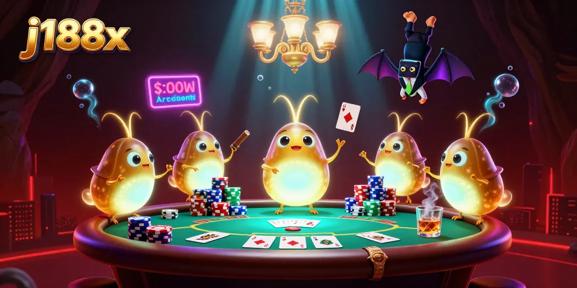Join the action at j188x with a vibrant casino scene featuring glowing characters and intense poker gameplay.