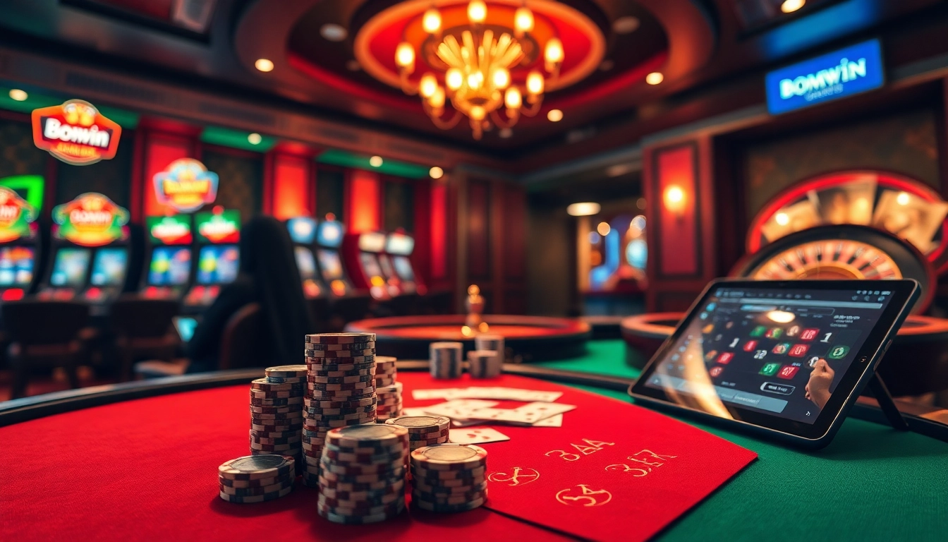 Experience thrilling gaming with Bomwin at an elegant casino featuring poker tables, vibrant slot machines, and roulette.