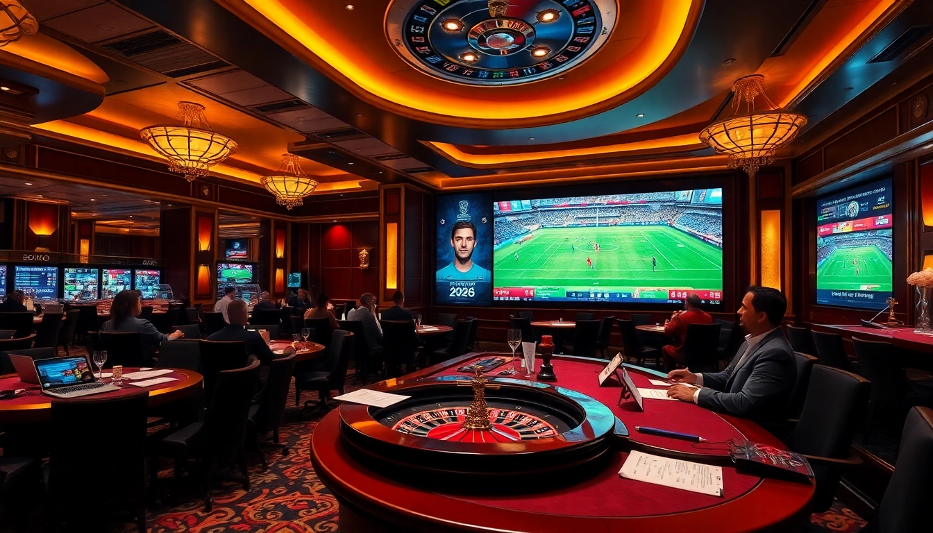 Betting excitement captured in a luxurious casino setting for Judi Bola Piala Dunia.