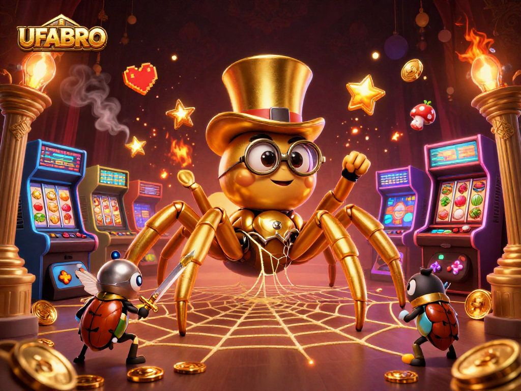 Bet on UFABRO with a vibrant illustration featuring a golden tarantula and gaming elements.