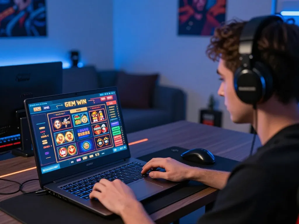 Engaging gaming setup showcasing GEM WIN casino gameplay, highlighting vibrant graphics and strategic focus.