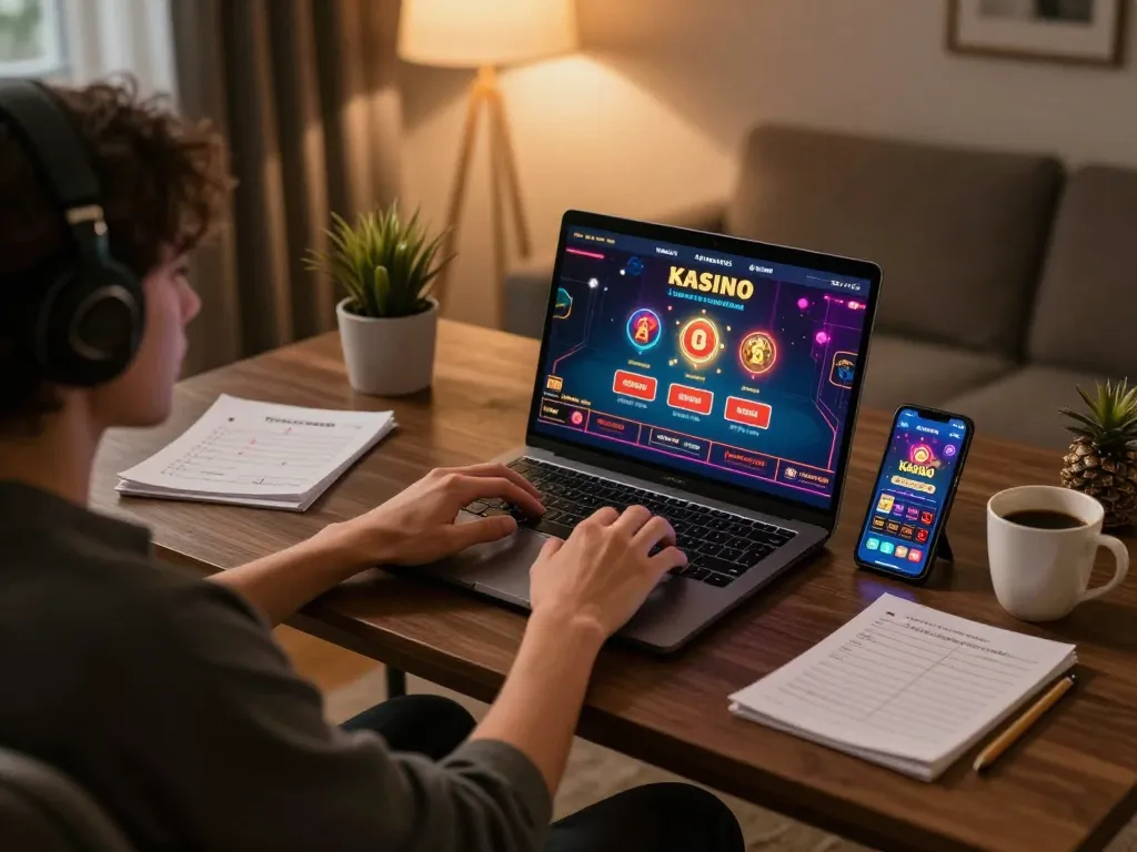 Engaged player using kasino app on laptop in cozy home setting, emphasizing responsible gaming.