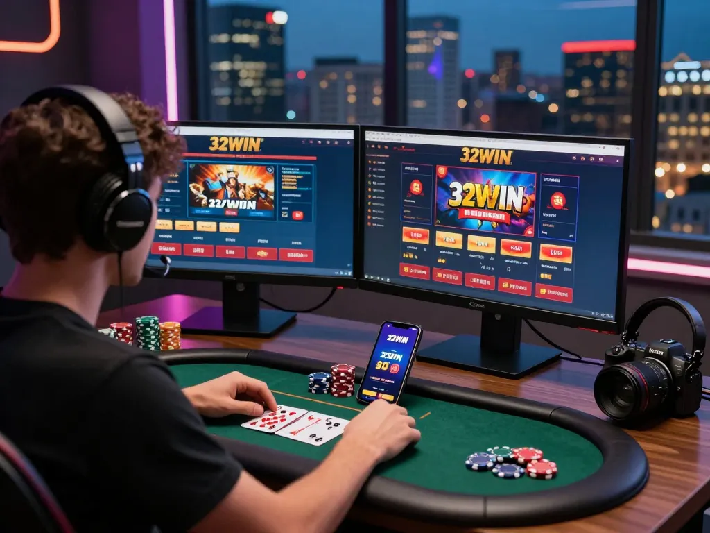Engaged user at 32win.agency gaming setup, showcasing excitement in online betting.