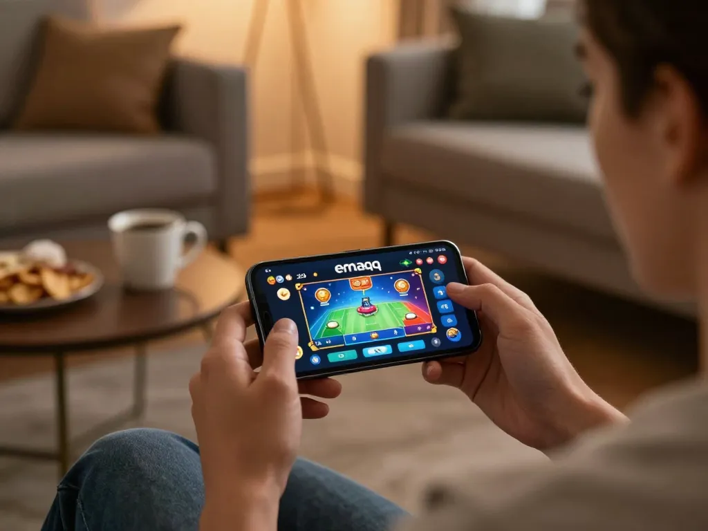 Pemain yang menggunakan aplikasi emaqq di smartphone, menyoroti pengalaman bermain yang dinamis.