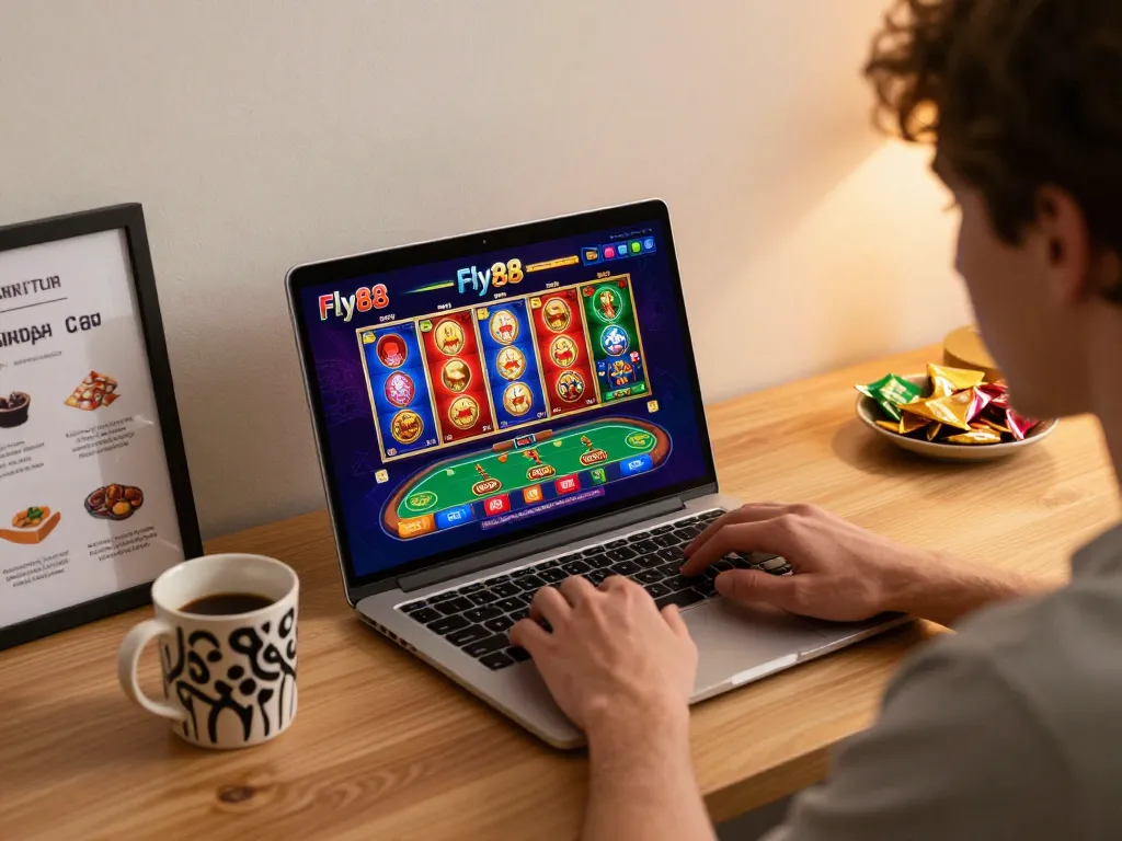 Player engaging with Fly88 online casino game on laptop, showcasing vibrant interface and cozy setup.