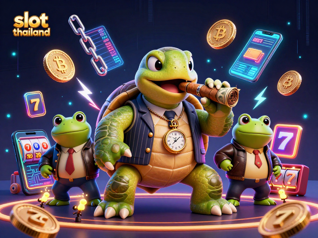 Spin the reels in the vibrant slot thailand scene featuring a turtle mobster and bullfrog enforcers.
