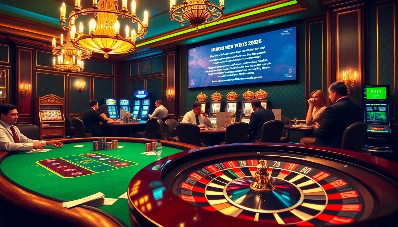 A poker game in a luxury casino setting highlights hidden wiki 2026 elements, showcasing chips and cards.